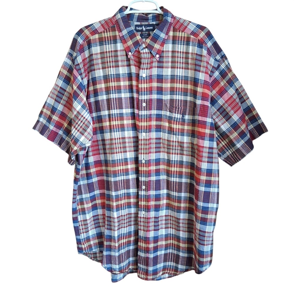 Vintage Ralph Lauren Blake Madras Plaid SS Button Down Shirt XL India Cotton GUC